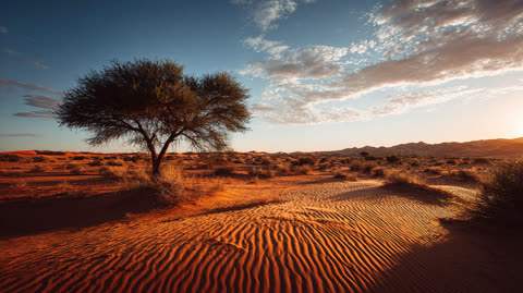 Lone acacia tree on the dunes of the Kalahari desert