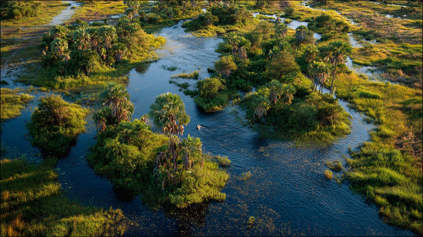Aerial view of the Okavango Delta waterways