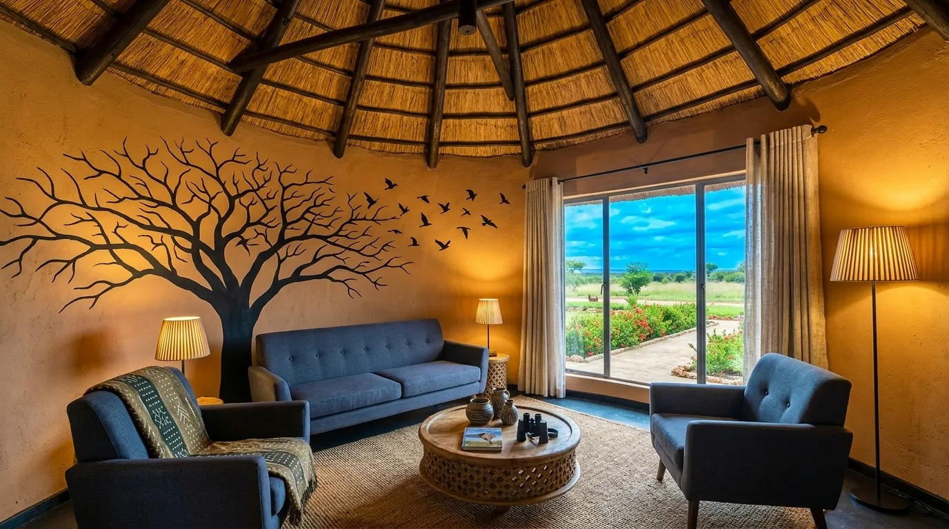 Chalet lounge with African-inspired decor and seating
