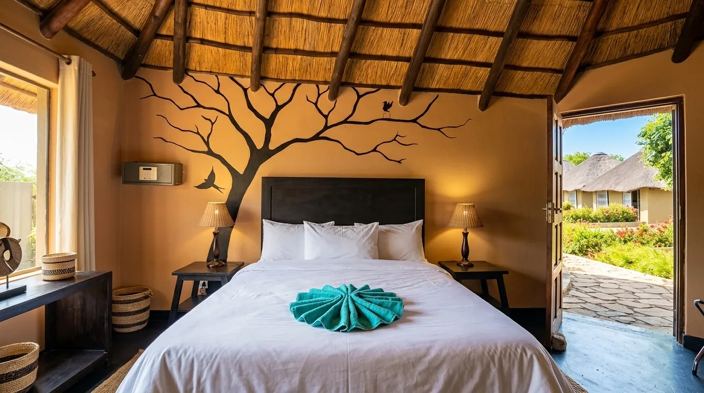 Chalet bedroom interior with river-view window