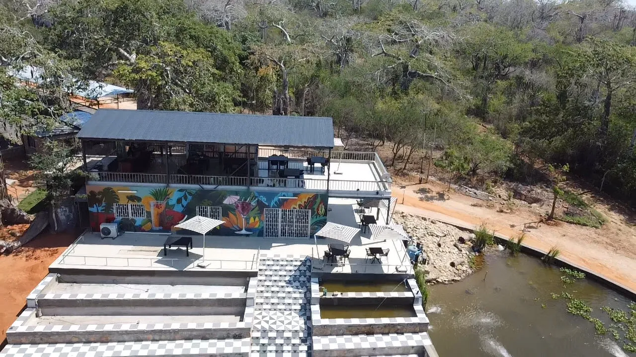 Aerial view of the riverside bar deck and pool